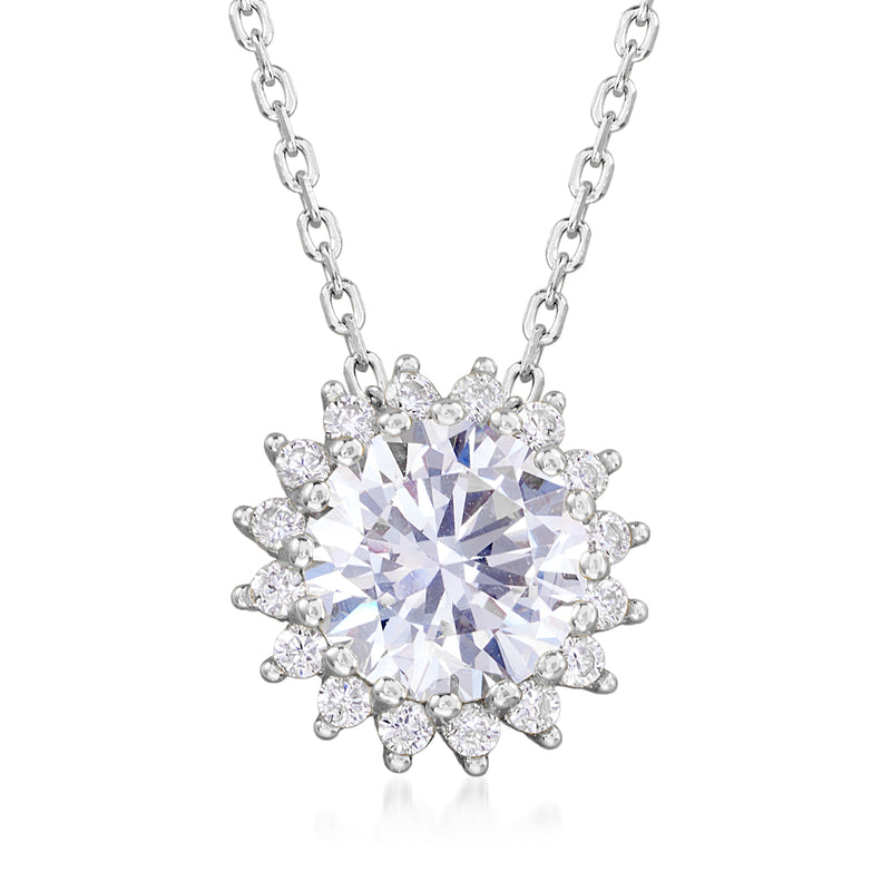 Sterling silver CZ flower necklace with round center stone and petal halos on chain