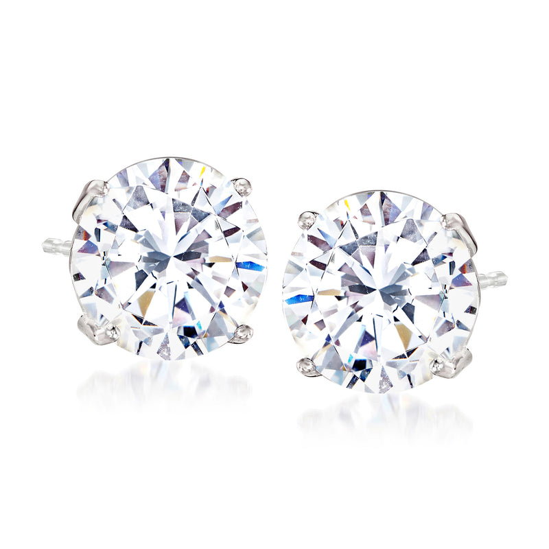 Round CZ stud earrings in sterling silver with clear gemstone centers, prong-set