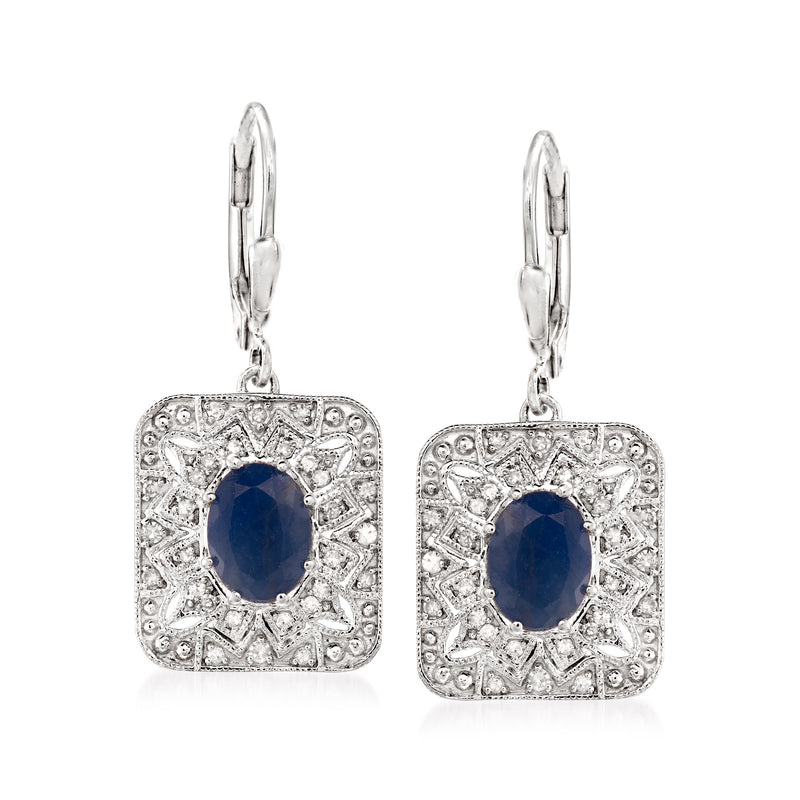 Sterling silver sapphire and diamond vintage drop leverback earrings, dark blue center