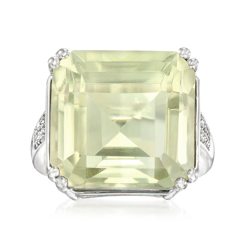 Sterling silver ring with large square emerald-cut prasiolite center and diamond accents