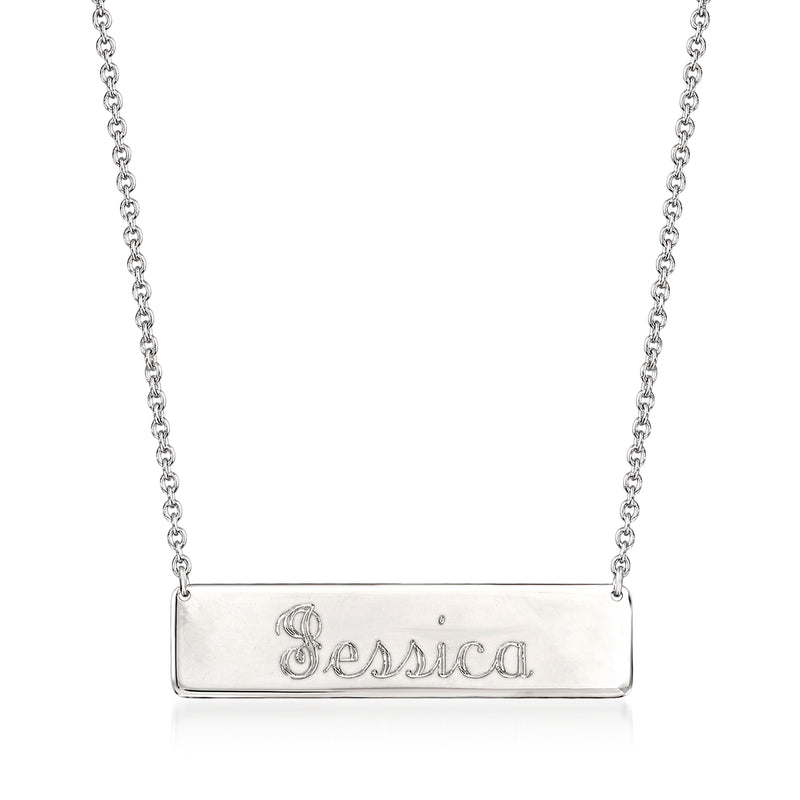 Silver bar necklace with engraved 'Jessica' pendant on a chain