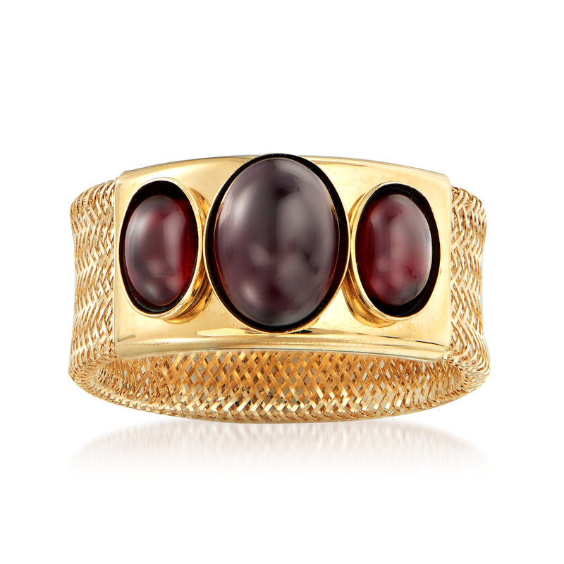 14kt yellow gold mesh ring with three oval dark red garnet stones