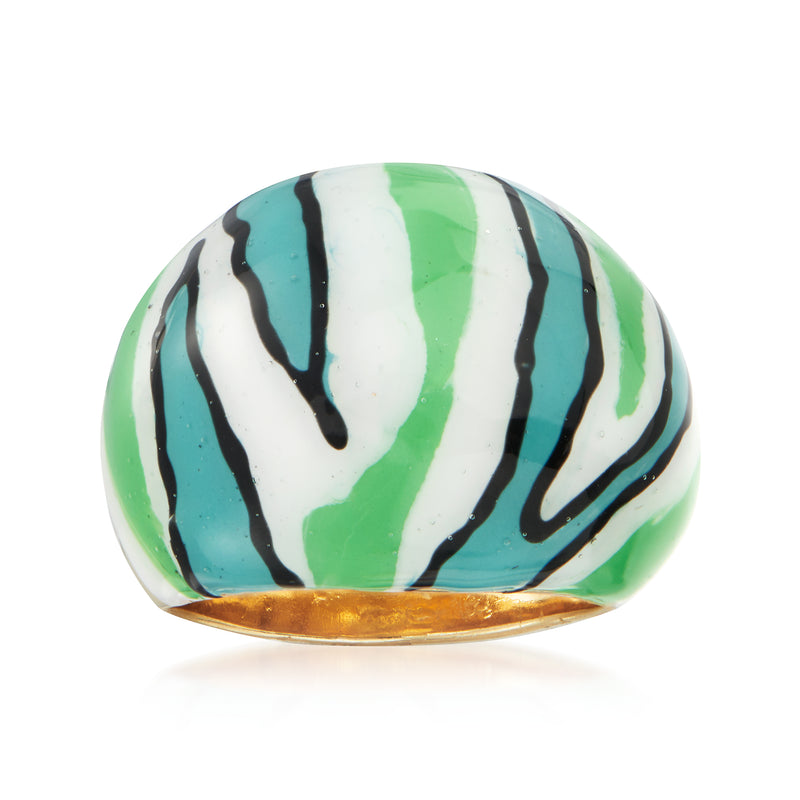 Multicolored enamel dome ring with teal, green, and black wavy stripes