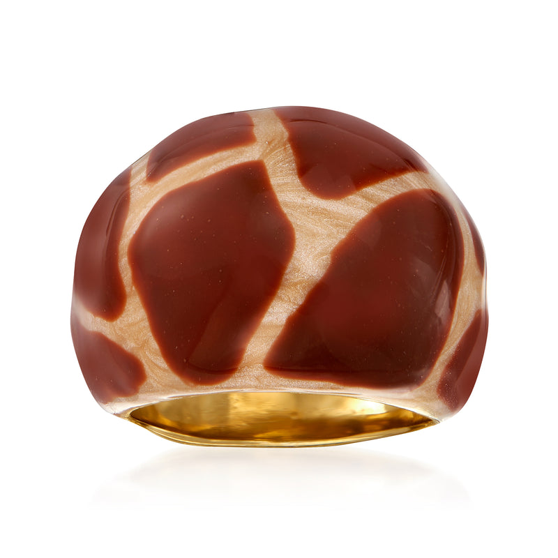Giraffe enamel dome ring with brown-and-cream pattern and gold bezel