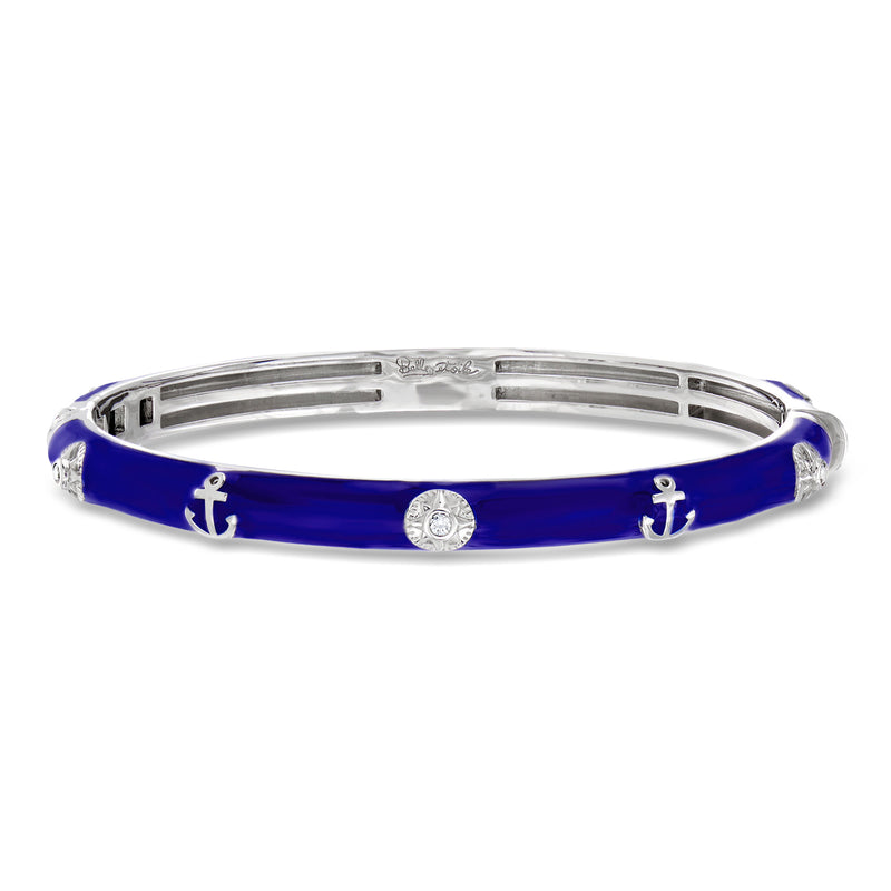Sterling silver bangle with blue enamel and anchor motifs, round CZ center