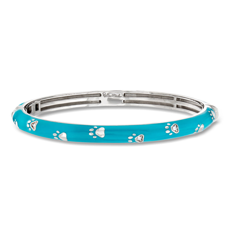 Turquoise enamel paw-print bangle bracelet with CZs and sterling silver frame