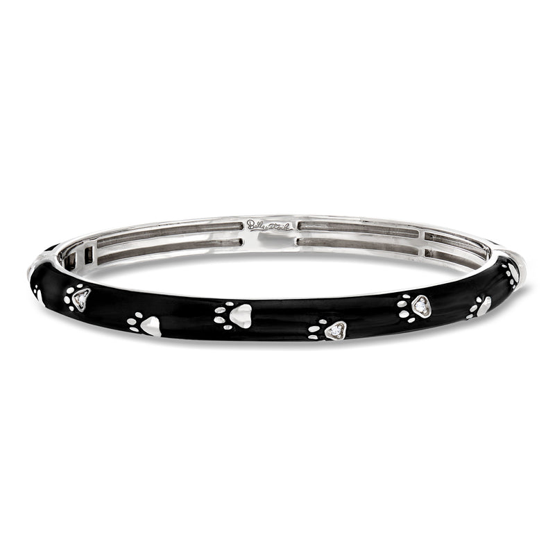 Black enamel paw print bangle with sterling silver rim and CZ accents