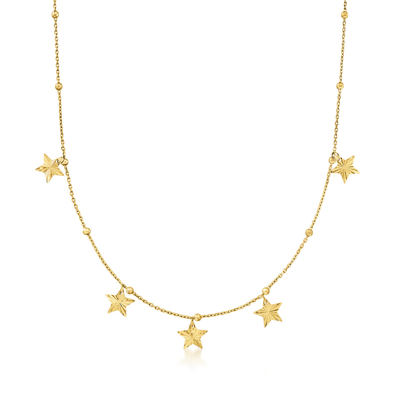 14kt yellow gold star and bead station necklace with dangling star charms