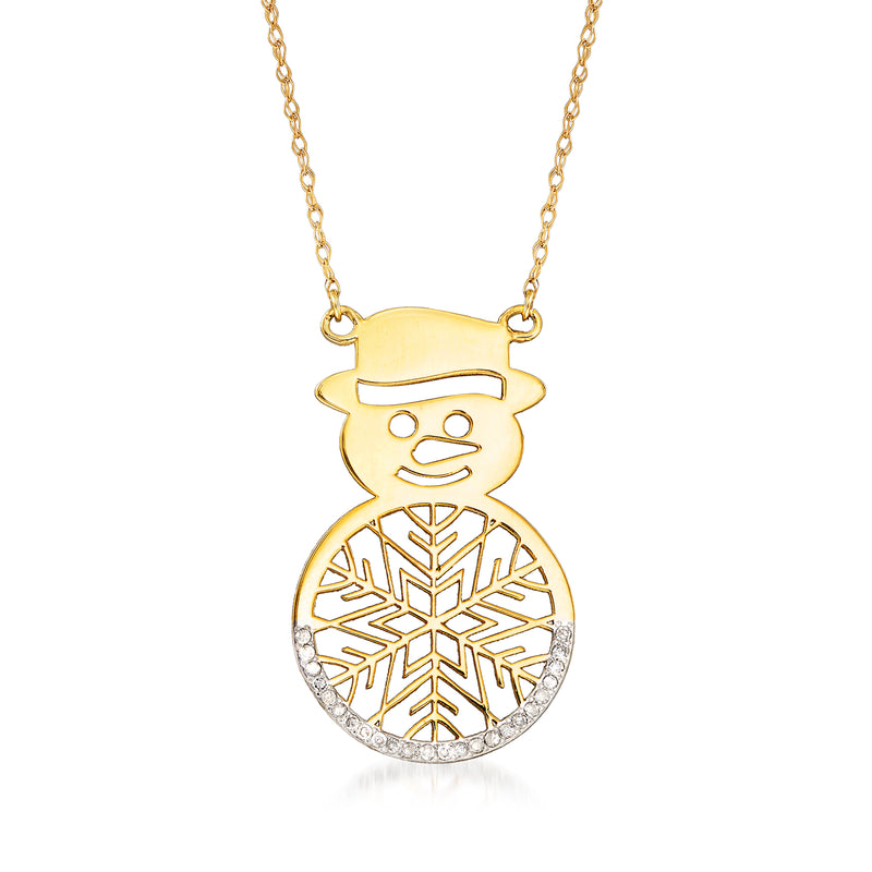 14kt yellow gold snowman pendant necklace with diamond-accented snowflake detail