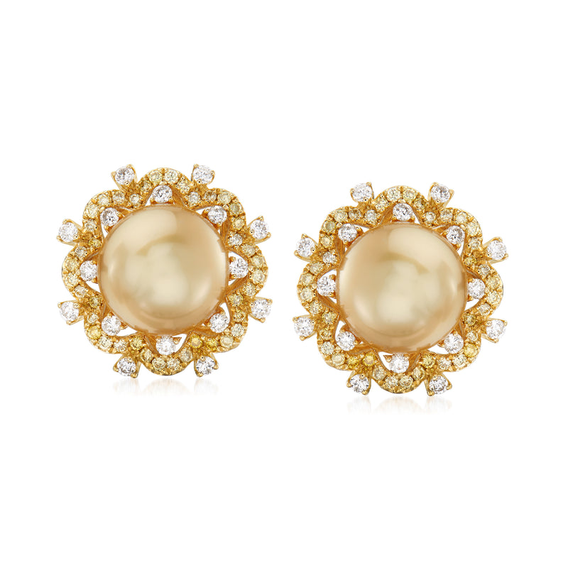 18kt yellow gold pearl halo stud earrings with diamond accents, post backs
