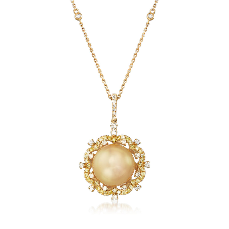 18kt yellow gold pendant necklace with round golden pearl and diamond halo