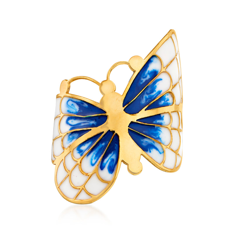 14kt yellow gold enamel butterfly ring with blue and white wings, openwork design