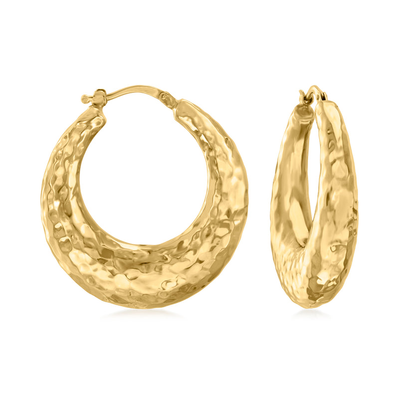 14kt yellow gold hammered hoop earrings with hinged clasp, textured oval hoops