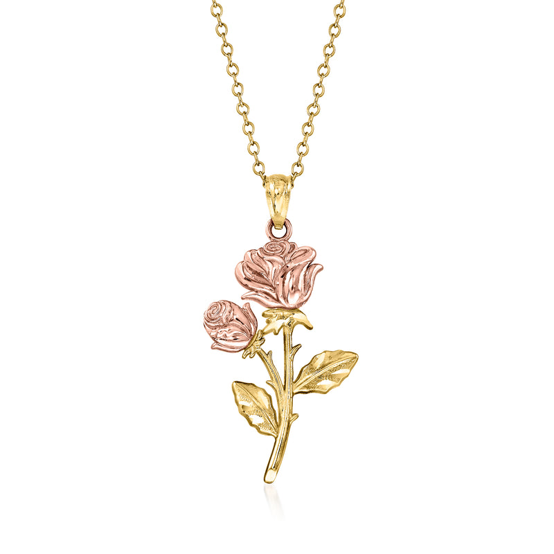 14kt two-tone gold rose pendant necklace with rose and gold leaves on chain