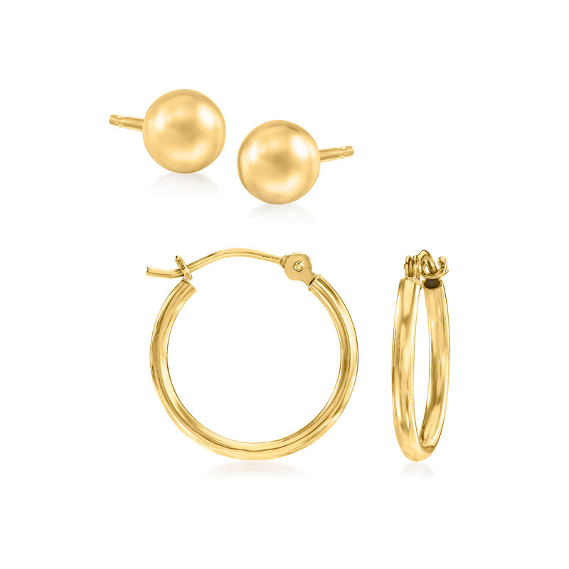 14kt yellow gold stud and hoop earrings set, round ball studs and hinged hoops
