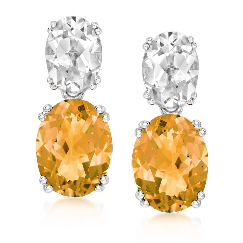 Sterling silver drop earrings with white topaz and orange citrine oval stones