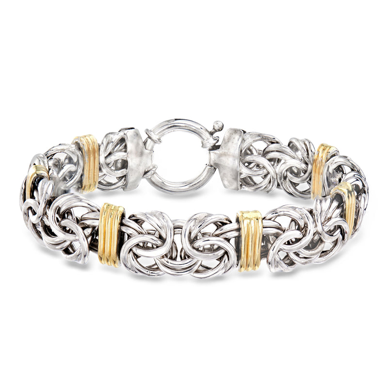 Byzantine station bracelet with sterling silver links and yellow gold accents, clasp visible