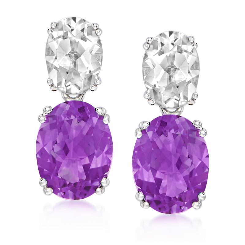 Sterling silver drop earrings with amethyst oval and clear topaz stones