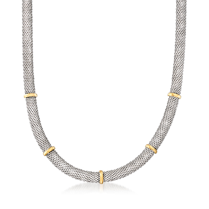 Popcorn-link station necklace with sterling silver mesh and yellow gold accents