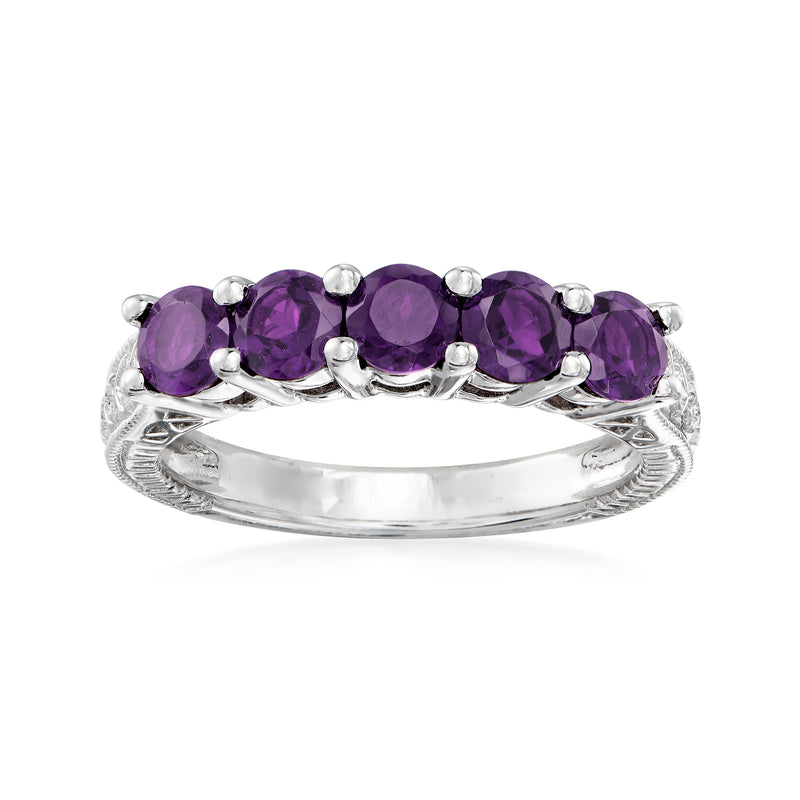 Five-stone amethyst ring in sterling silver with five purple oval gems