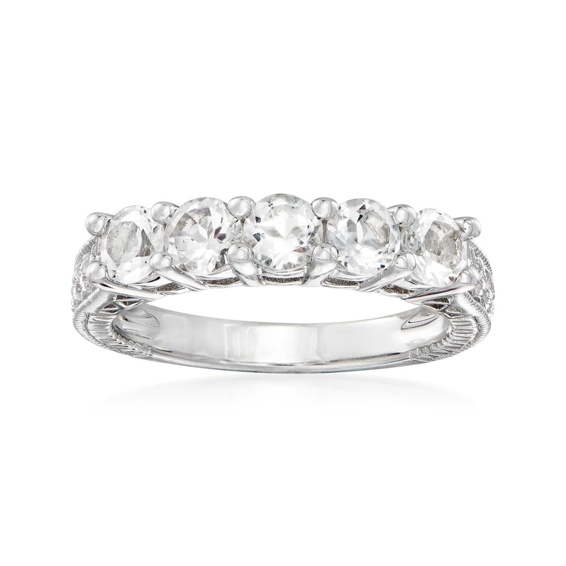 Five-stone white topaz ring in sterling silver with five round gems across the band