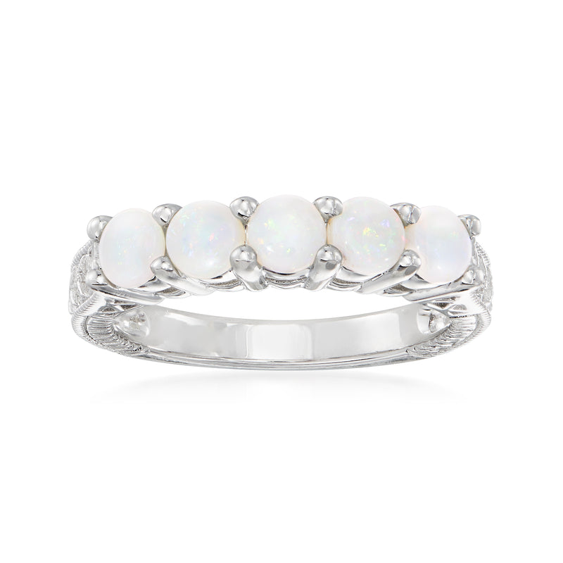 Sterling silver opal five-stone ring with five round white opal-like gems