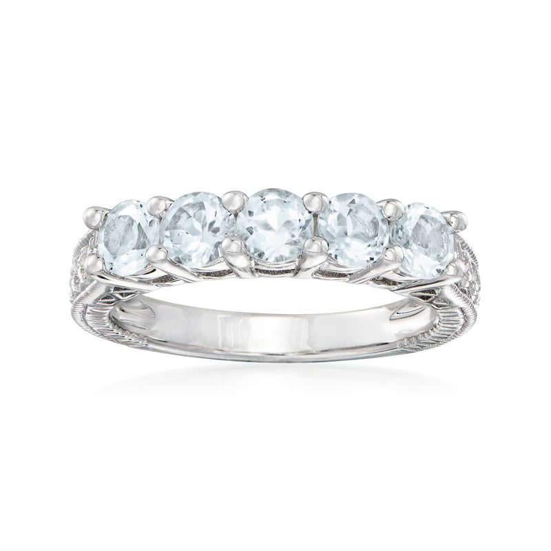 Sterling silver five-stone aquamarine ring with five oval light-blue gemstones