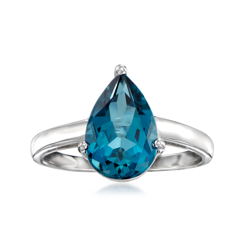 Sterling silver ring with pear-shaped London blue topaz and three-prong setting