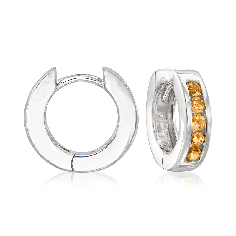 Sterling silver huggie hoop earrings with orange citrine gemstone accents