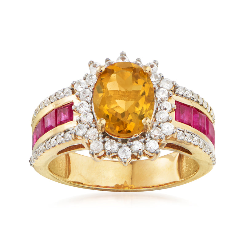 18kt gold over sterling ring with oval citrine center, white zircon halo, ruby side stones