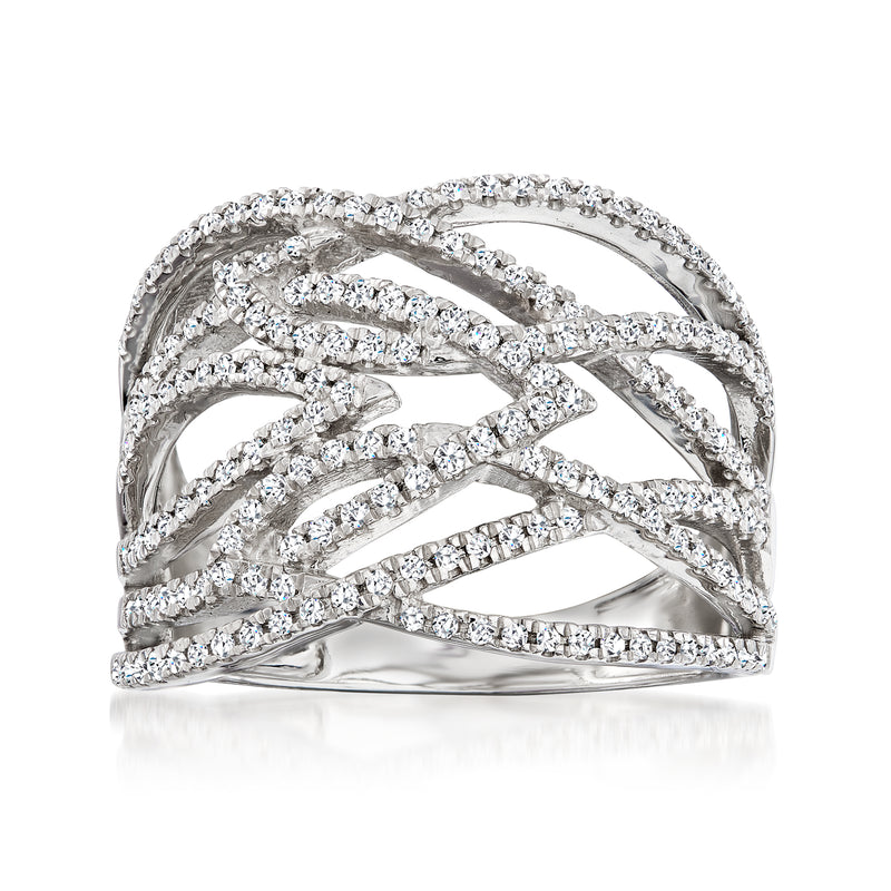 Sterling silver diamond crisscross ring with layered pavé bands