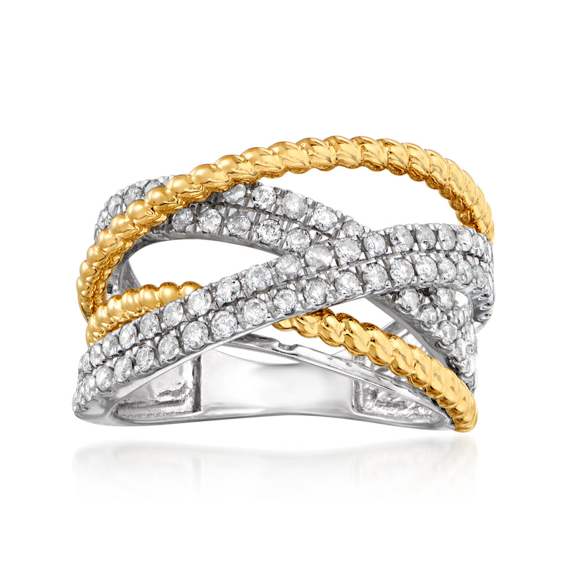 Diamond highway ring in sterling silver with 14kt yellow gold braided accents