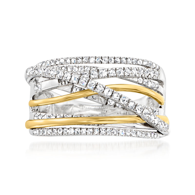 Sterling silver diamond highway ring with yellow gold crossover bands and round stones