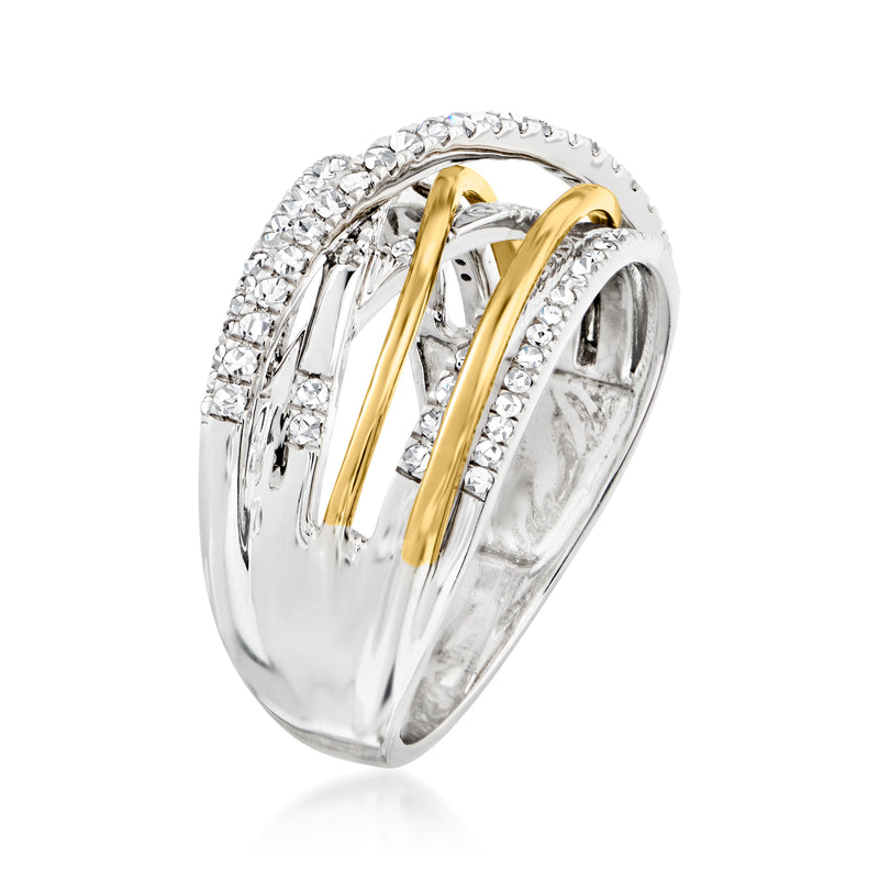 Sterling silver diamond ring with yellow gold crossover accents, side view of round stones