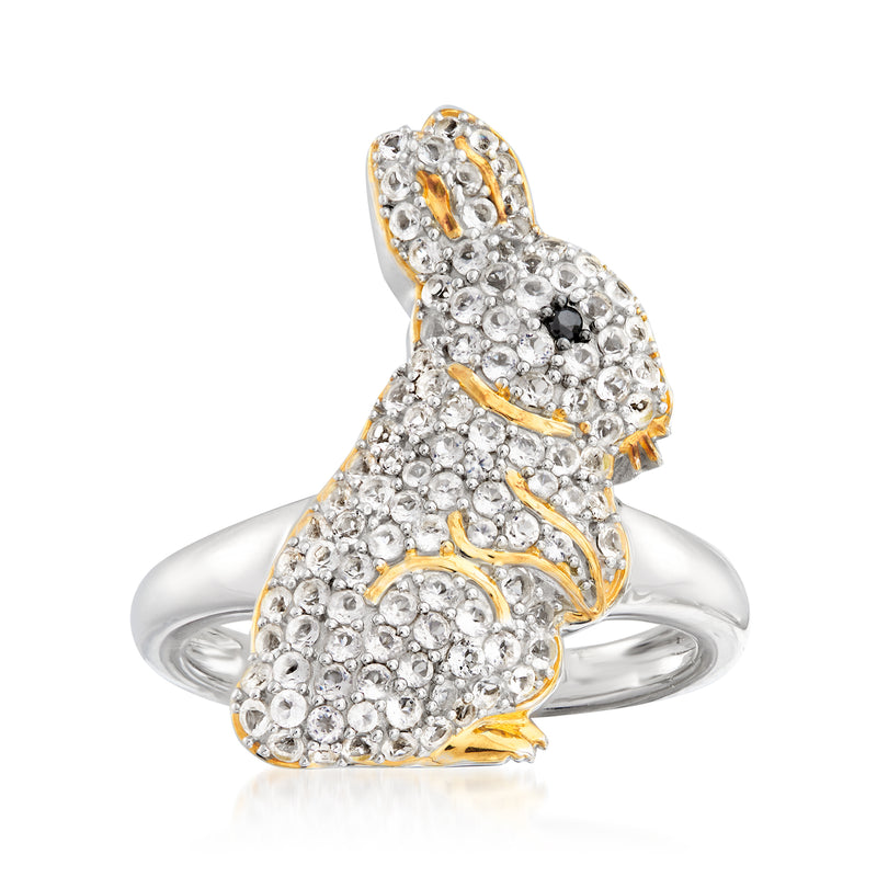 Bunny ring in two-tone sterling silver with white topaz and black eye detail