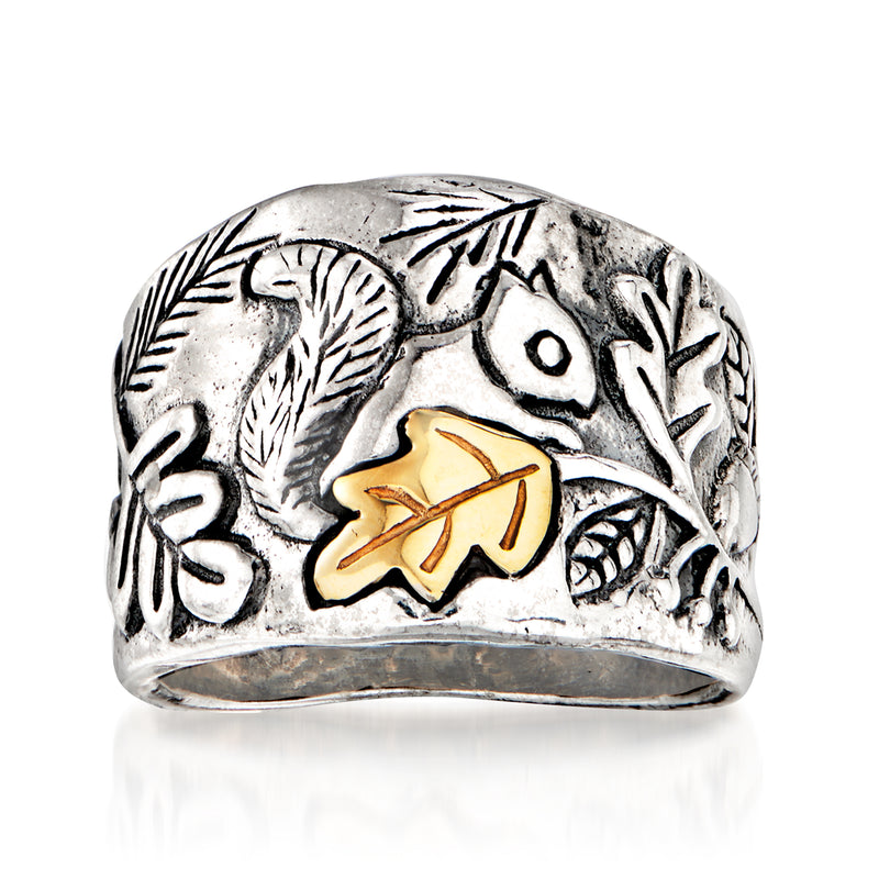 Sterling silver squirrel ring with 14kt yellow gold acorn detail