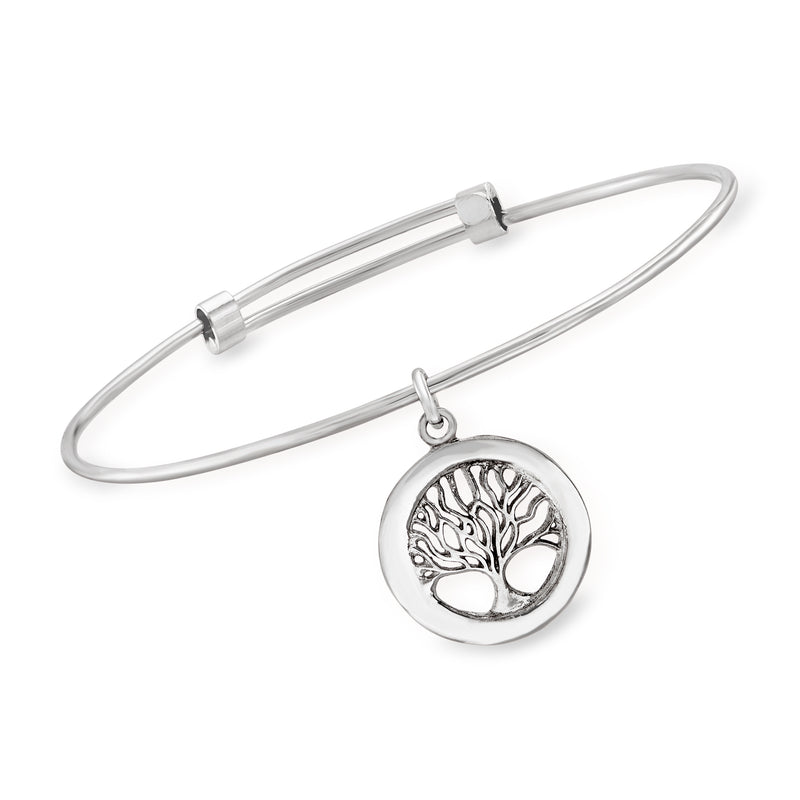 Adjustable sterling silver bangle bracelet with round Tree of Life charm and clasp