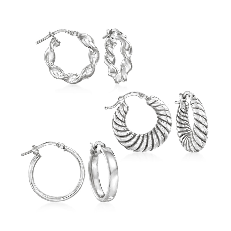 Sterling silver hoop earrings set: three pairs, textured and smooth, hinged backs