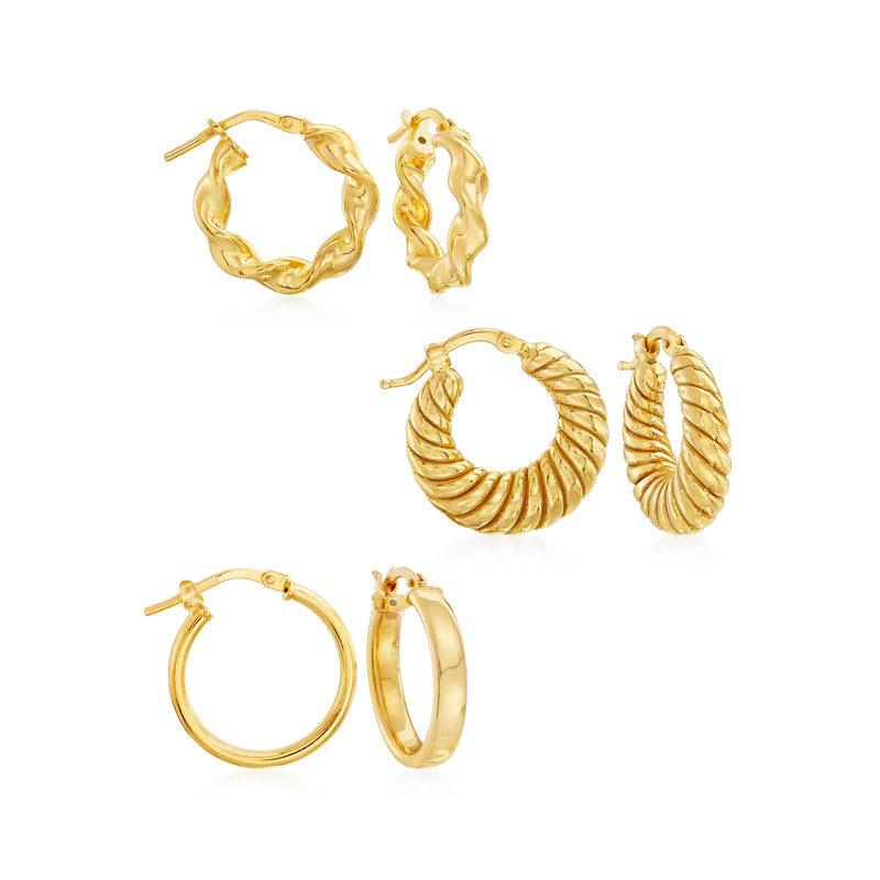 Gold over sterling hoop earring set, three pairs, textured ridged and scalloped rings