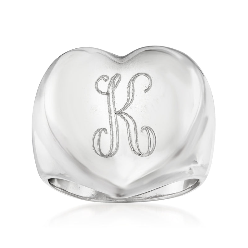 Sterling silver heart-top ring with engraved monogram K