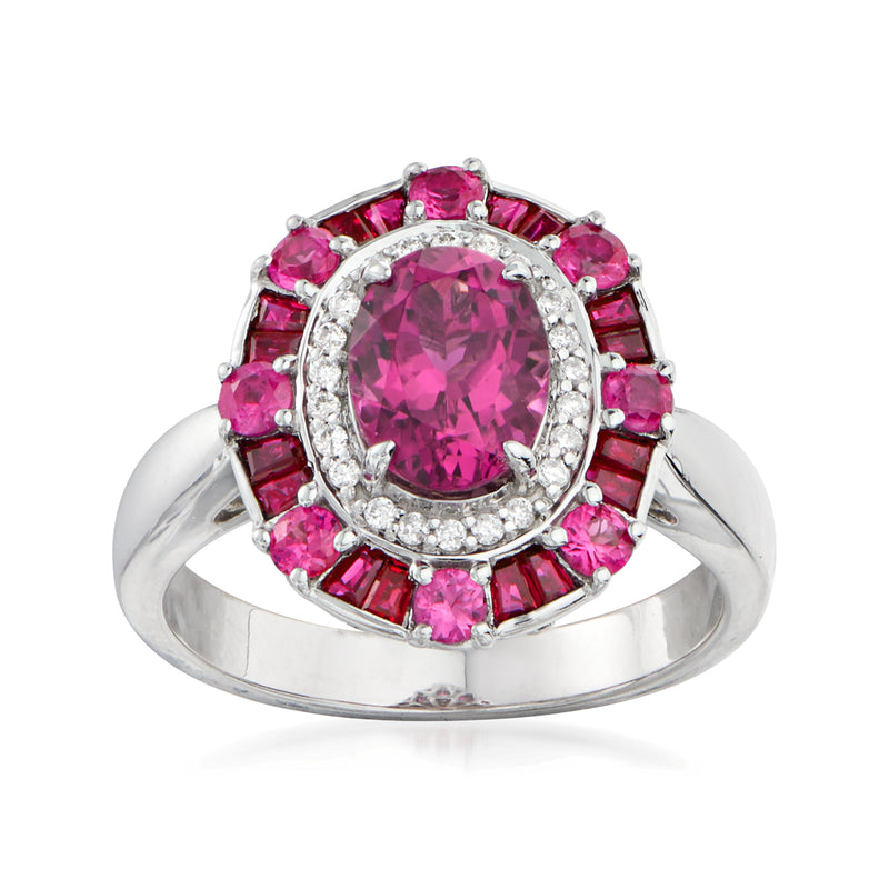 14kt white gold ring with oval pink gemstone center, pink side stones, and diamond halo