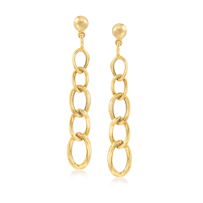 14kt yellow gold linear link drop earrings with stacked oval chain drops