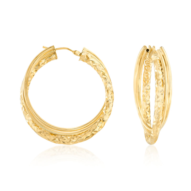 Intertwined yellow gold hoop earrings with textured wrapped design, hinged style