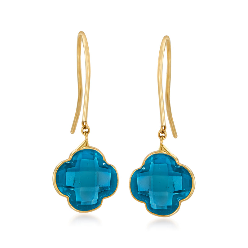 14kt yellow gold clover drop earrings with London blue topaz, French earwires