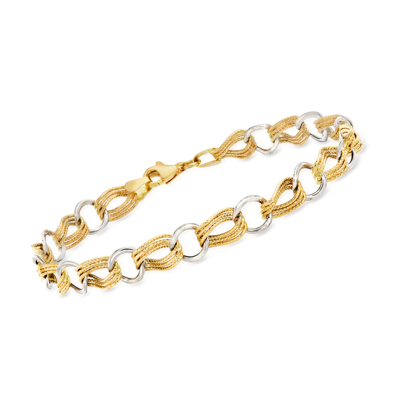 Two-tone 14kt gold alternating-link bracelet with ridged oval and round links