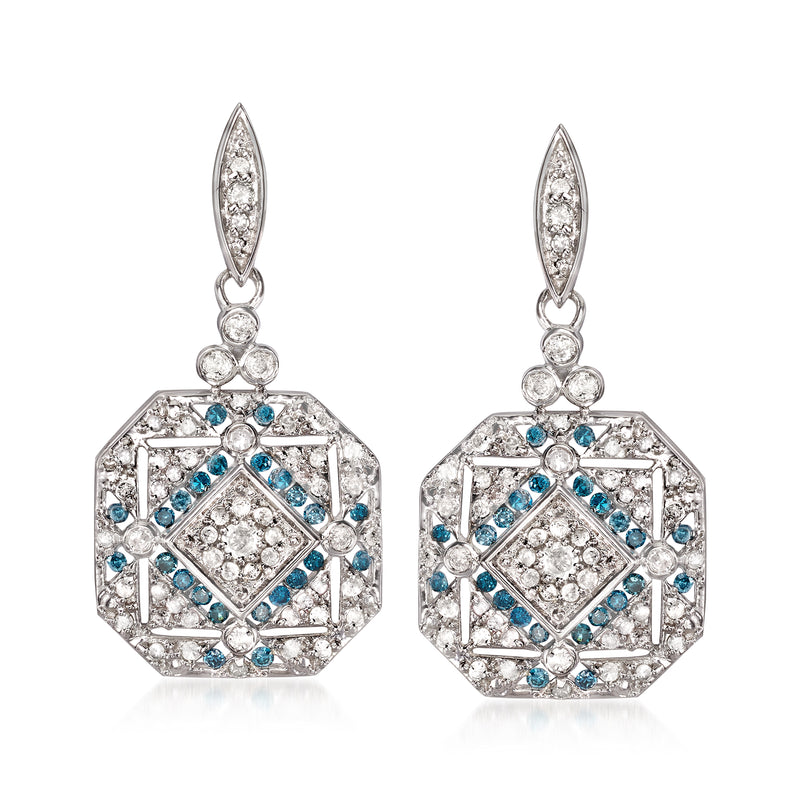 Sterling silver diamond drop earrings with blue and clear stone octagon dangle