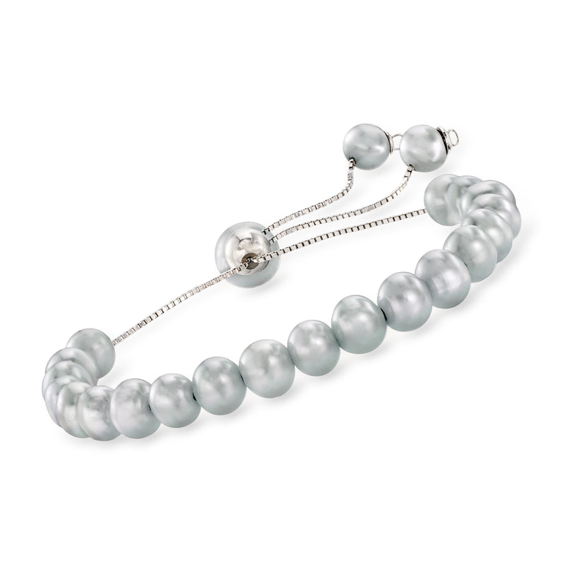 Gray cultured pearl bolo bracelet in sterling silver with round gray pearls