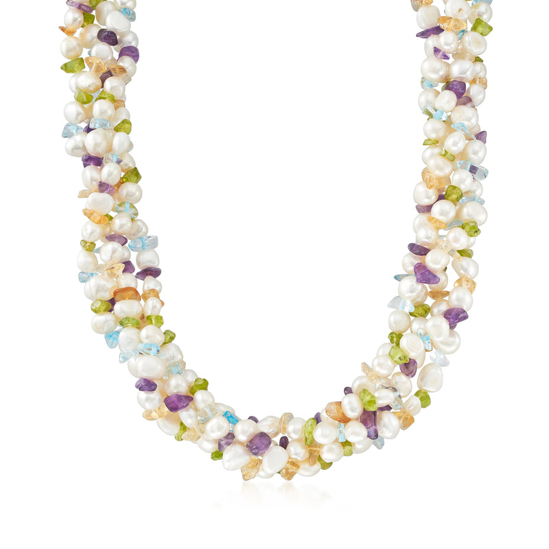 Sterling silver torsade necklace with cultured pearls and multi-color gemstones