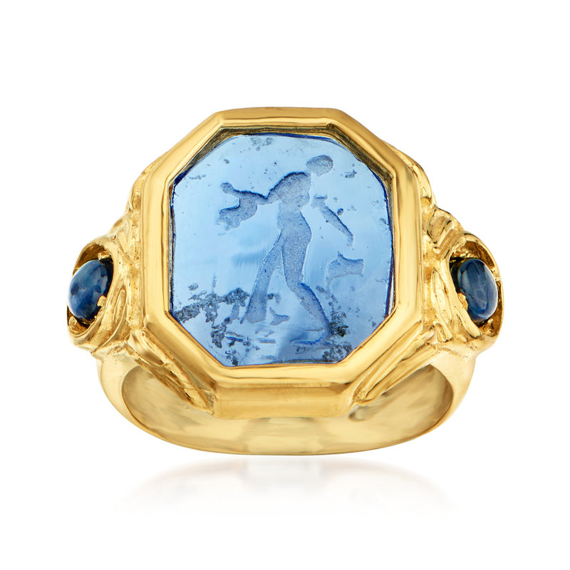 Gold over sterling ring with octagonal blue intaglio and blue side stones