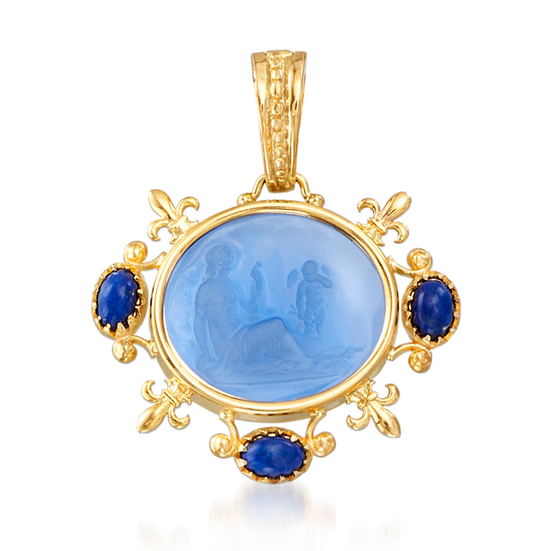 18kt gold over sterling pendant with blue oval glass center and lapis-like accents